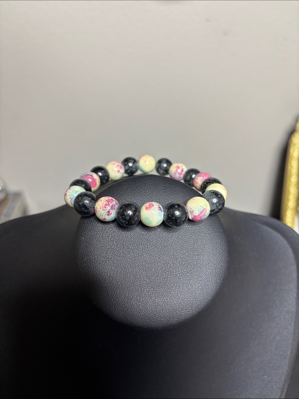 Handcrafted Stone Tie Dye Multicolor Bead Bracelet – Pastel & Black Unique